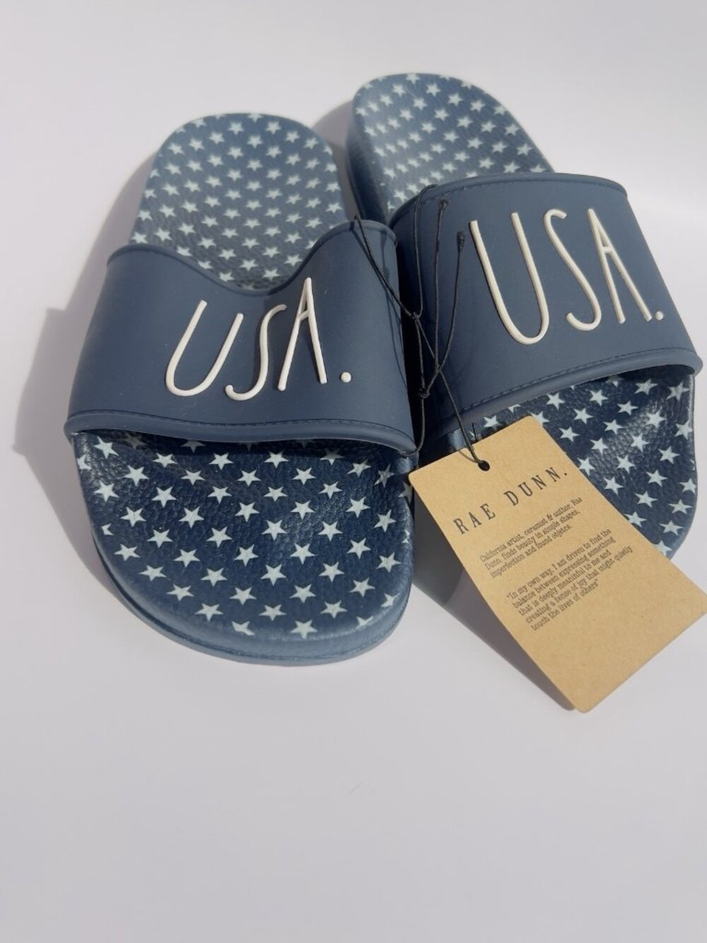 Rae Dunn Womens  Sandals Slides "USA" Navy  Blue White Stars Size 7 Brand New - Picture 5 of 7